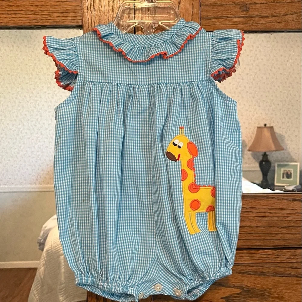 Blue Gingham Baby Romper with Appliquéd Giraffe